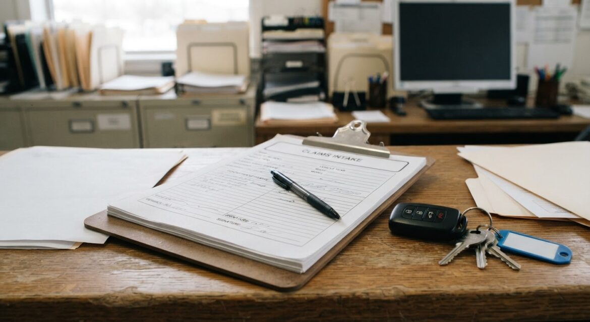 a claims intake form on a clipboard beside a car key